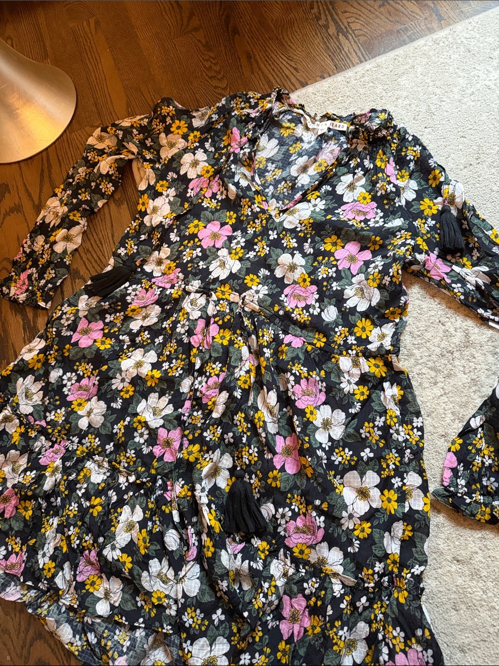 Veronica Beard Black Floral V-Neck Tiered Long-Sleeve Dress